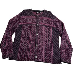 VTG Skyr Sweater 100% Wool Cardigan Fair Isle Nordic Womens Size XL Purple Black